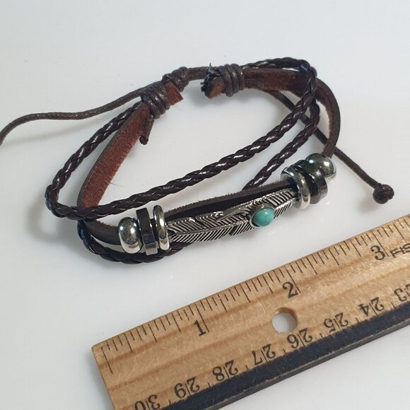 Braided Leather Feather Bracelet Blue Bead Adjustable Brown Band Tribal Design - Picture 4 of 4